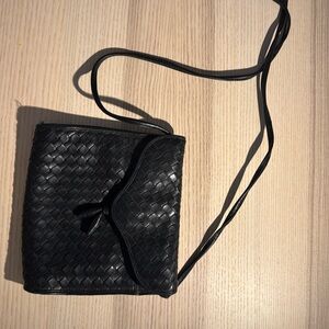 Black leather crossbody bag - 7.5 in wide x 7 in long (20 in long strap)